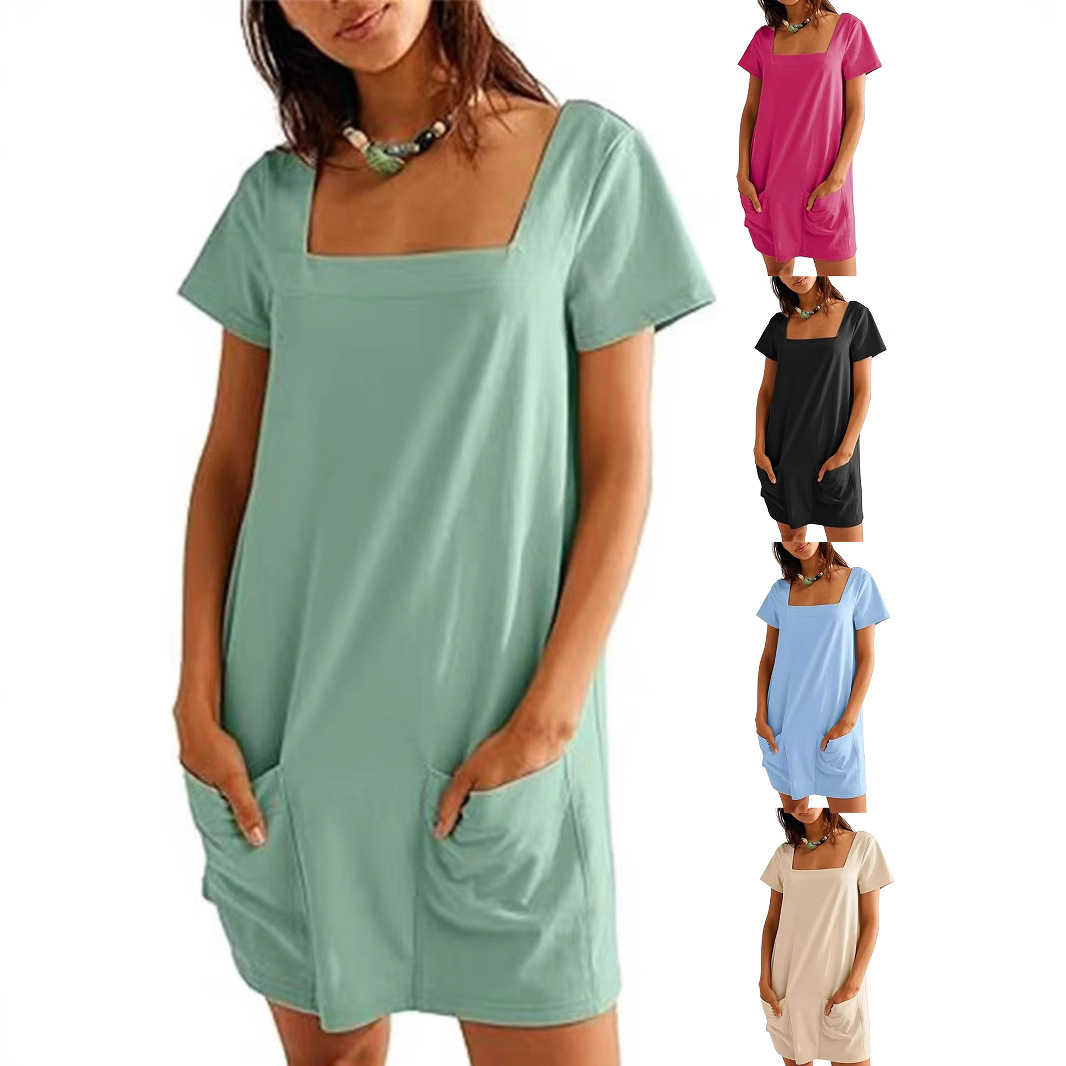 2026 Amazon European and American Foreign Trade Cross-Border Women's Square-Neck Short-Sleeve Fashion Short Skirt Pocket Casual Dress