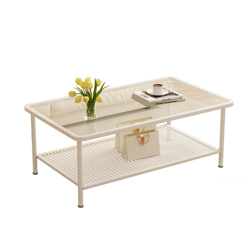 Mesa lateral del sofá Mesa de centro de la sala de estar para el hogar Mesa de té de lujo ligera de alta calidad Mesa de té Estilo crema Mesa pequeña de vidrio templado