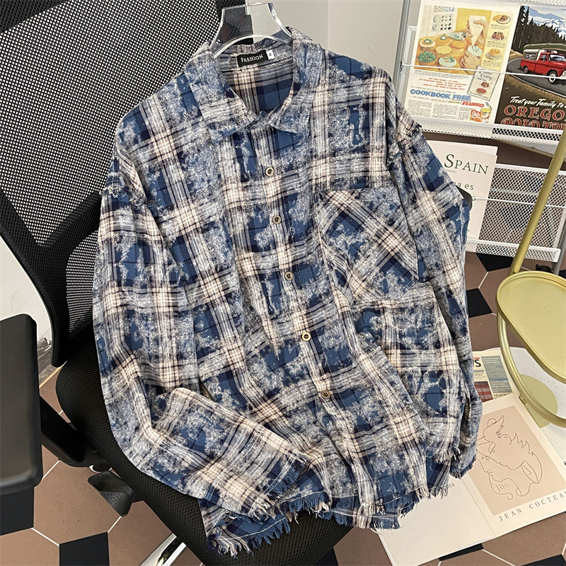 Men's Plaid Distressed Shirt Jacket With Embroidered Ruffled Hem_voghion.com