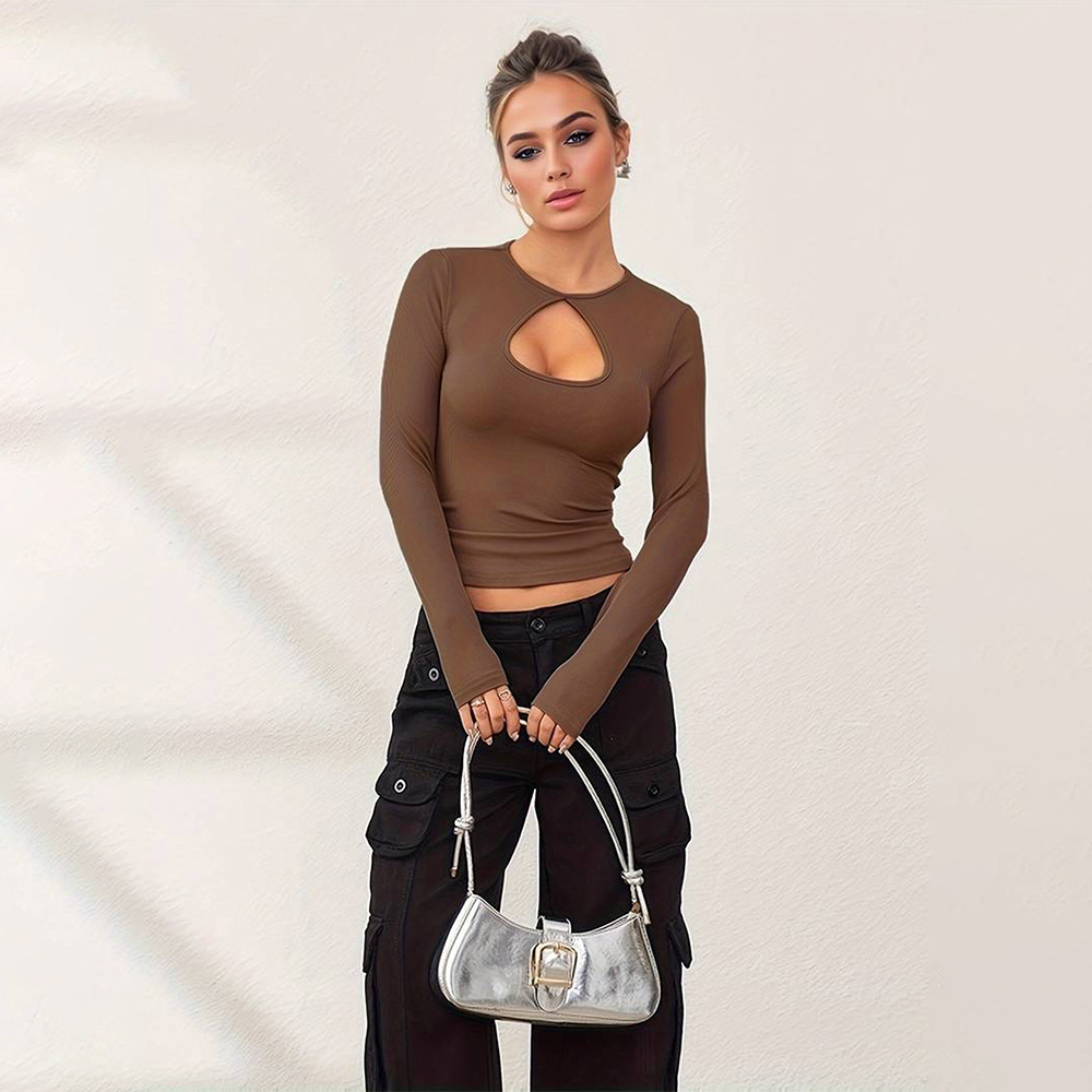 Voya Women's Simple And Versatile T-shirt For Spring And Summer Casual Commuting, Long Sleeved Slim Fit Solid Color Top For Interior Wear_ecoleips.com