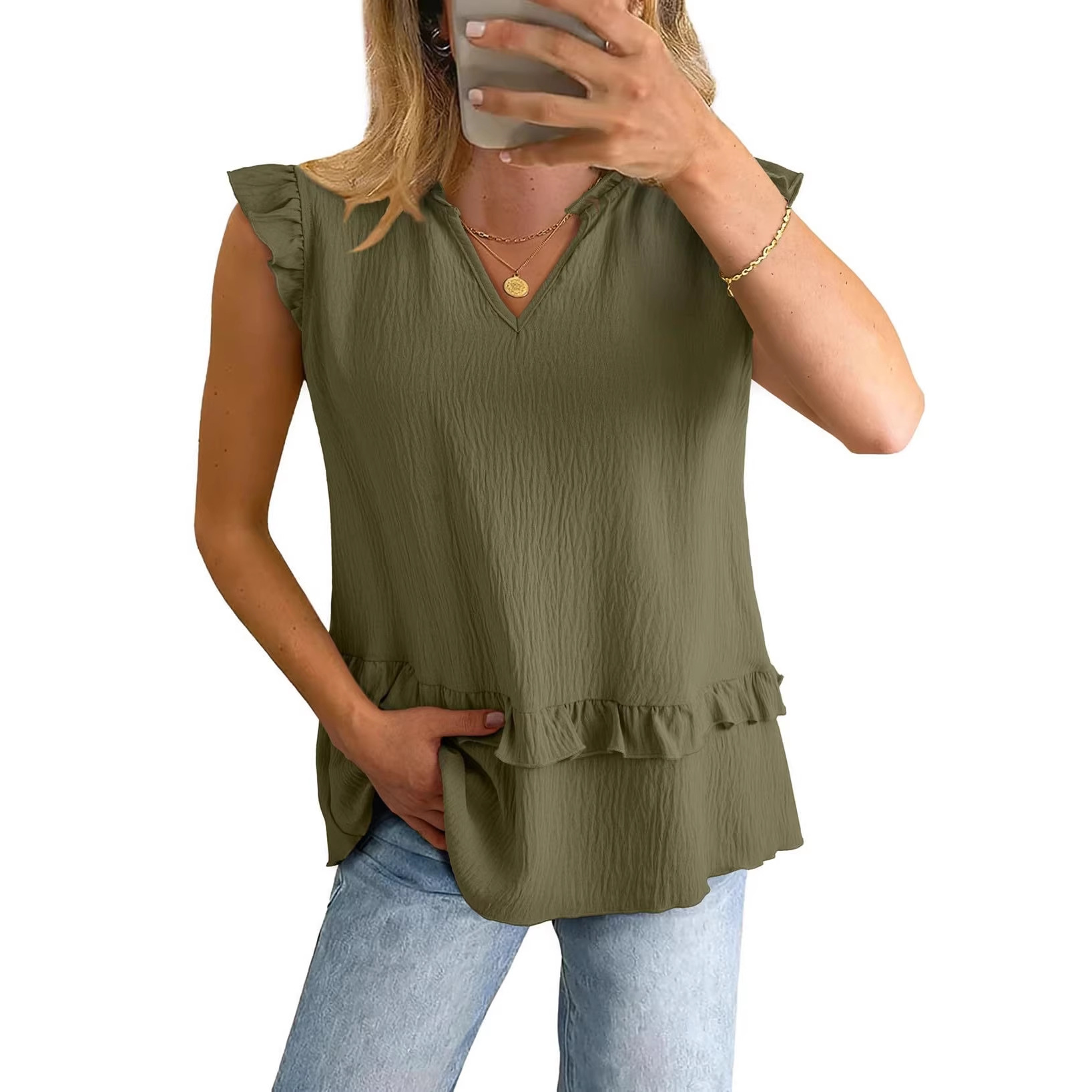 Women's Sleeveless V-Neck Blouse With Ruffle Trim, Flowy Relaxed Fit Casual Shirt For Summer Versatile And Easy To Wear_ecoleips.com