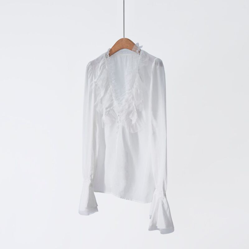 High-End Purple Label Series! 26 Spring New Arrivals: Silk-Cotton Blend French-Style Gentle Ruffle V-Neck Flared Sleeve Shirt