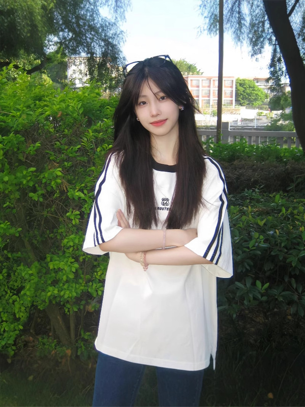 純綿白3本ストライプ半袖Tシャツ女子大生女子高校生夏新作ゆったり半袖トップス|undefined