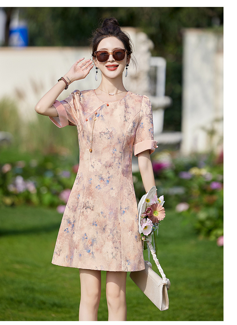 Váy sườn xám cải tiến phong cách Trung Quốc mới, thiết kế chữ A thanh lịch, mùa hè — Màu hồng, Màu xanh lá chi tiết 16