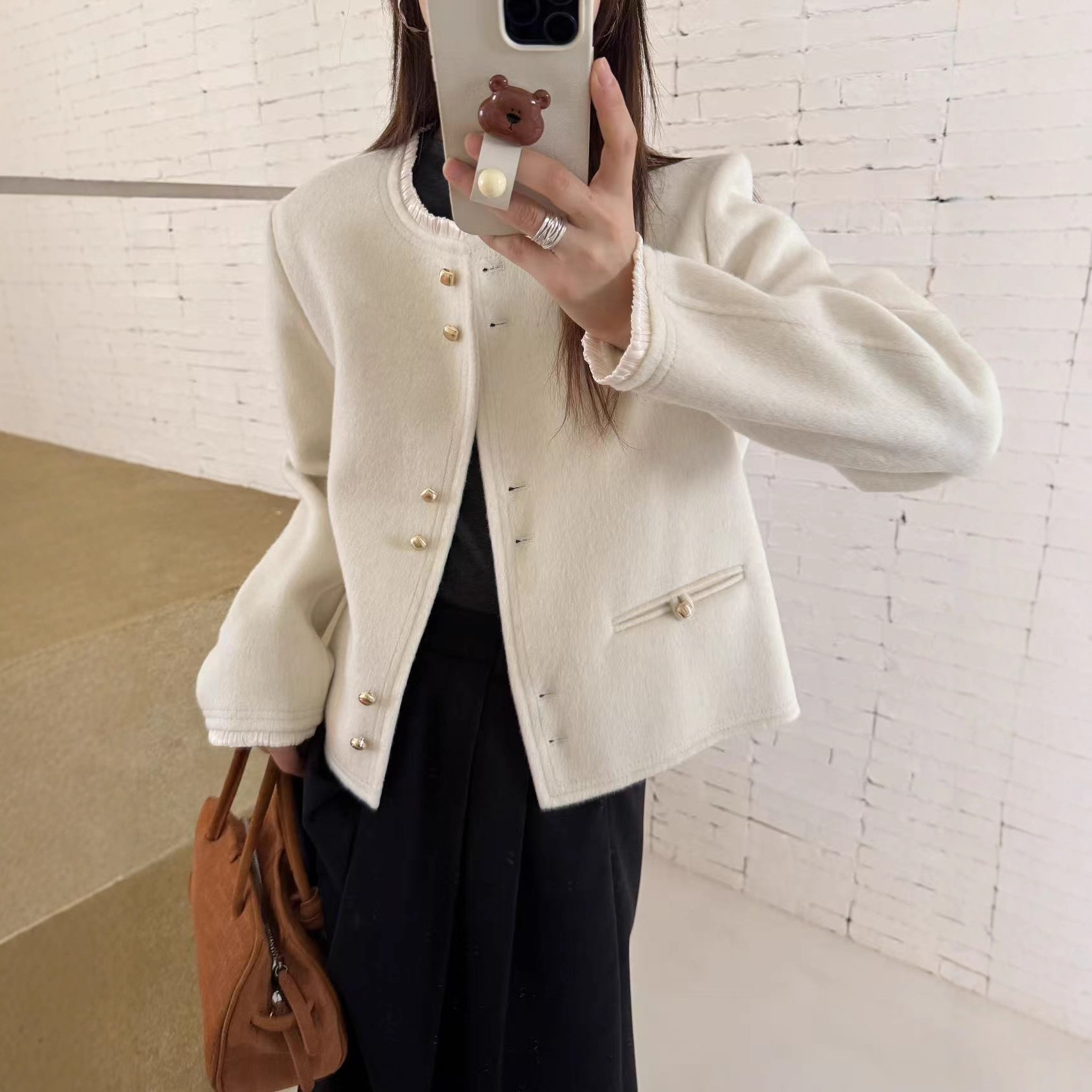 Korean Style Small Fragrant Round Neck Wool Double-Sided Wool Outwear Wool Outwear Double-Sided Velvet Outwear