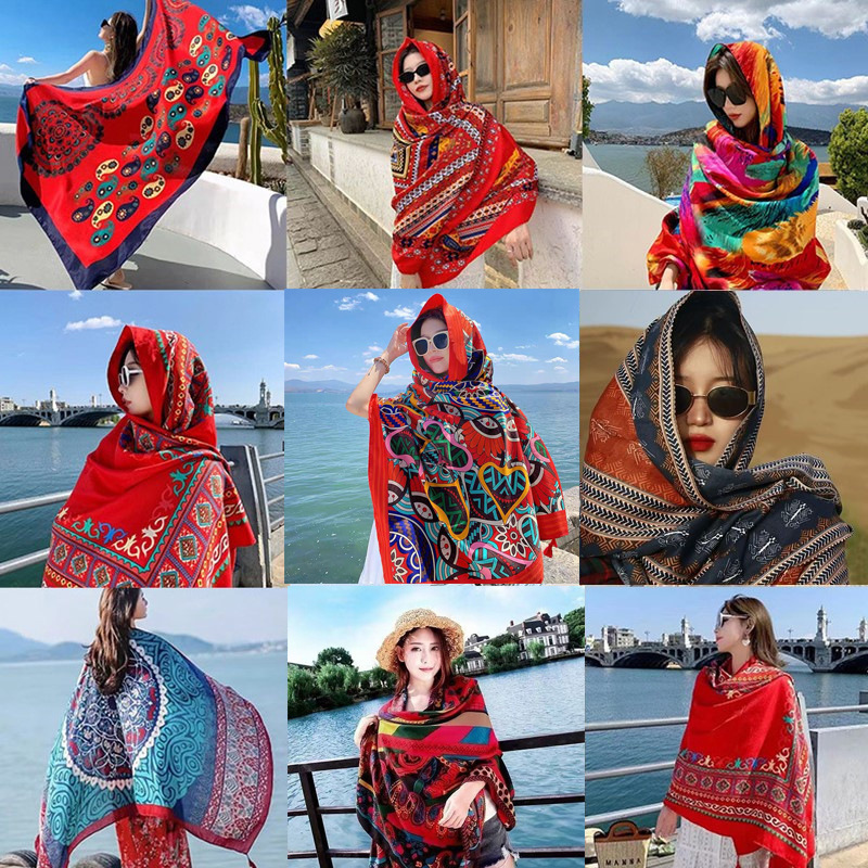 Xizang Chaka Salt Lake Desert travel photography ethnic style shawl sun protection twill cotton tassel scarf oversized silk scarf Xizang Chaka Salt Lake Desert travel photography ethnic style shawl sun protection twill cotton tassel scarf oversized silk scarf