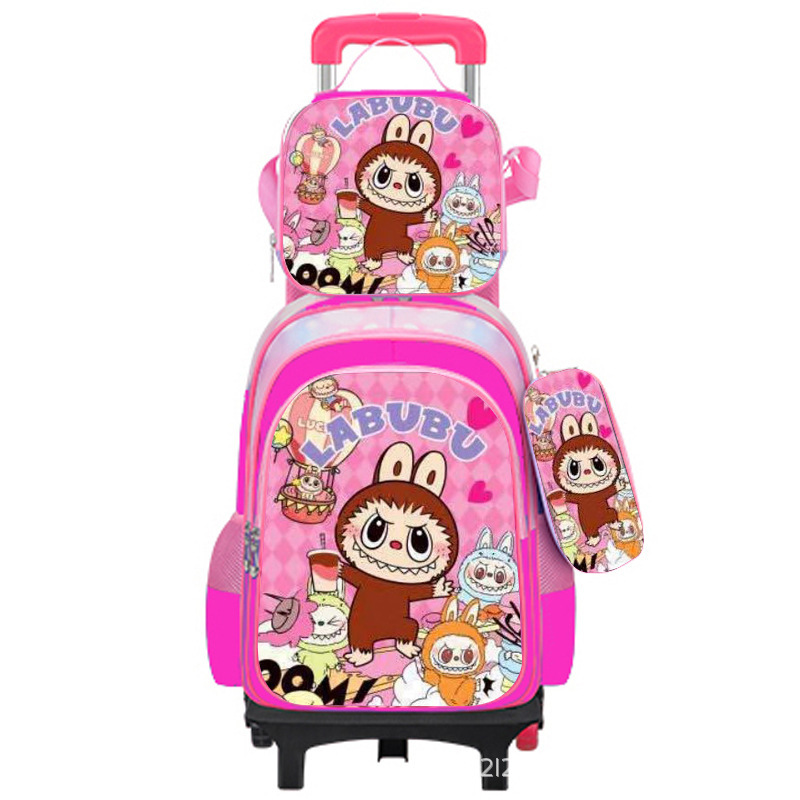 Suministro directo de fábrica, mochila escolar con barra de ruedas para niños, juego de tres piezas, protección de la columna para estudiantes de primaria, reducción de carga, mochila universal de dos ruedas y seis ruedas