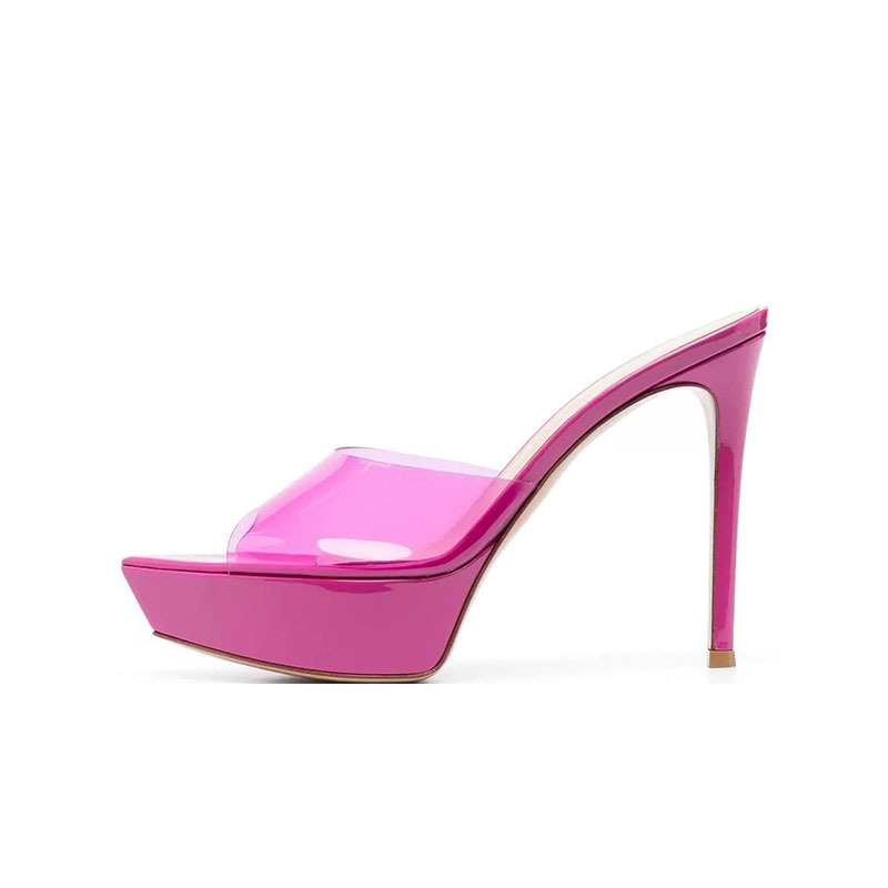 European and American Pointed Thick Bottom Sexy Thin Heeled Sandals Summer Fish Mouth Sequins Color Split Pedal Super High Heeled Women's Slider