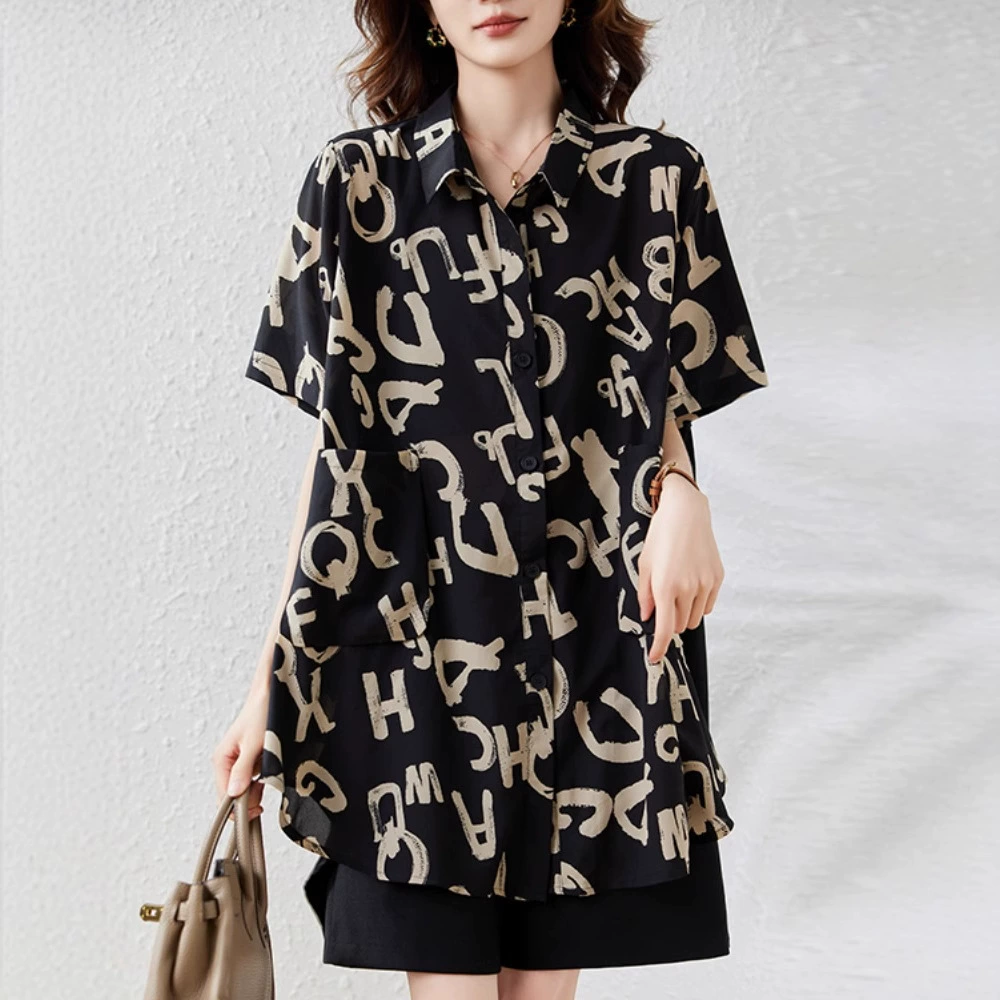Сентябрь Mo Mo Design Ретро граффити рубашка для похудения для женщин Летняя мода Универсальный топ средней длины