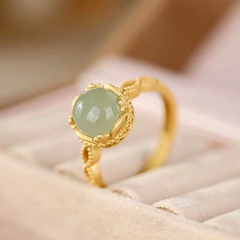 Natural Hetian Green Jade Round Polished Vintage Twisted Elegant Open Ring_voghion.com