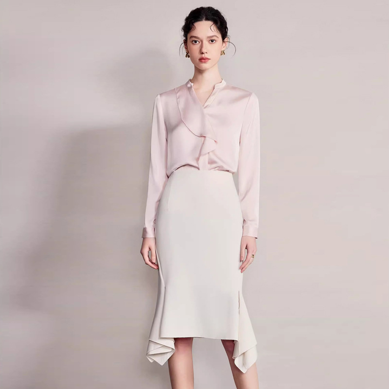 AD New Style Shirt Women's High-end Light Luxury Age-reducing Pink Satin Long-sleeved Shirt suit 2025 New Fishtail Skirt