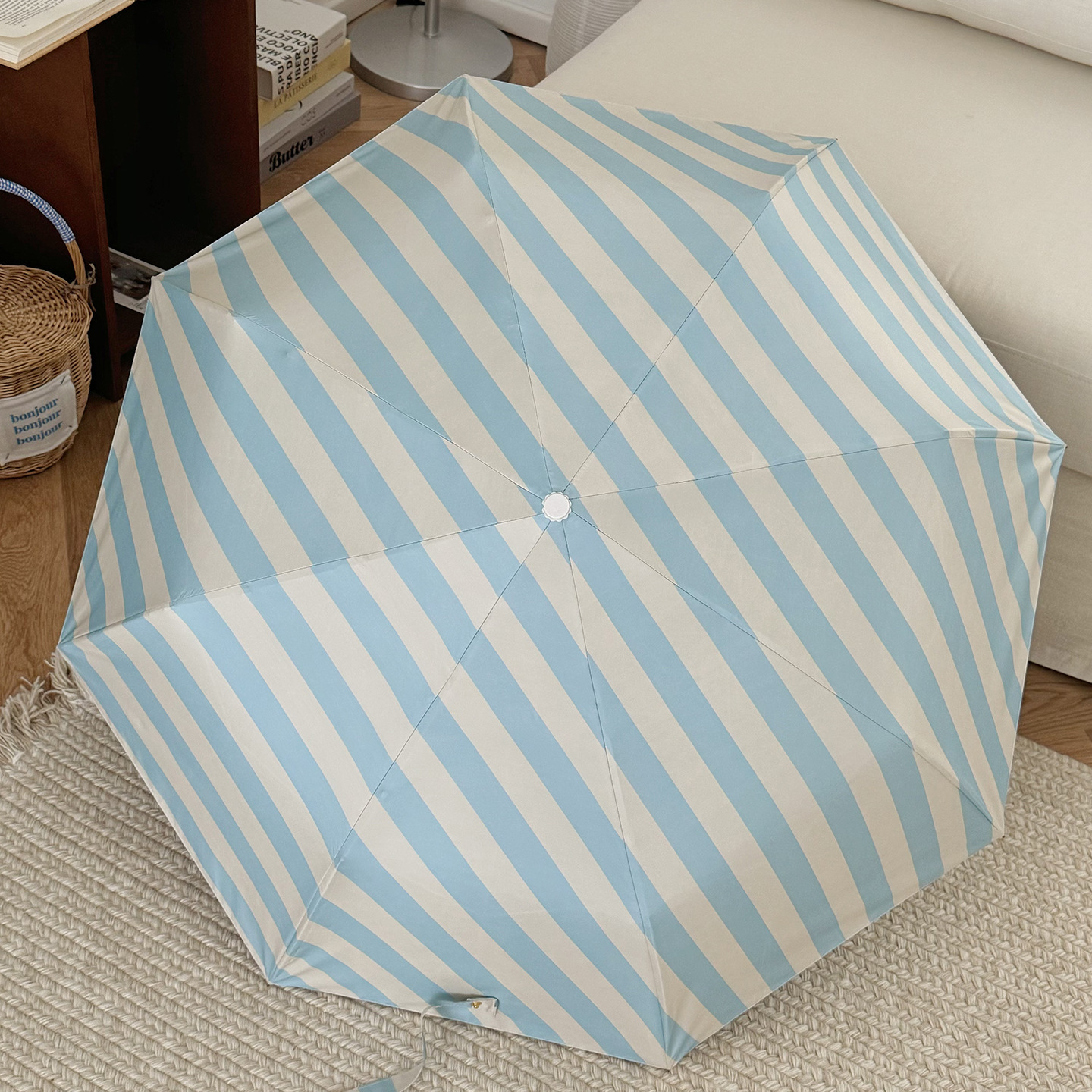 Korean-Style Striped And UV Protection Automatic Folding For Couples, Thickened Top Quality Black-Coated Reinforced Sun Umbrella_voghion.com