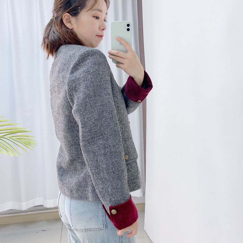 汉派品牌专柜2025早秋新款时尚百搭袖子拼接羊毛小香风短外套女12|undefined