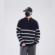 半高拉链领毛衣男秋冬季立领条纹针织打底衫港风潮牌休闲针织线衣