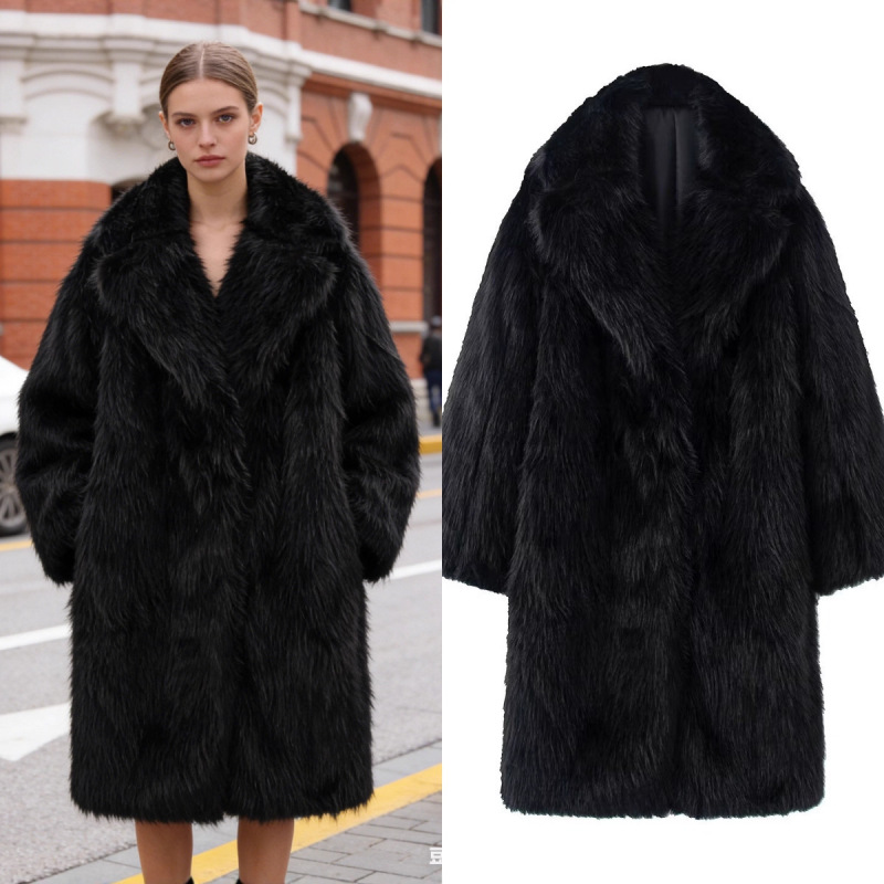 Za Foreign Trade Cross-Border Wholesale European and American Style Women's Winter Warm Faux Fur Plush Winter Coat Mid-Length Coat