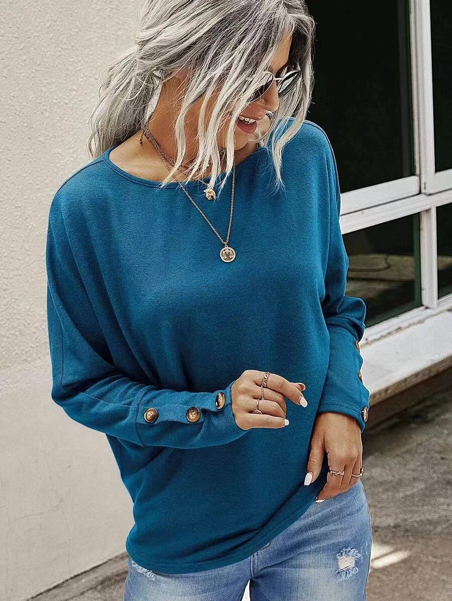 Women's T-shirt Long Sleeve T-shirts Button Casual Solid Color display picture 6