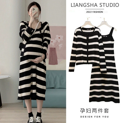 Осеннее платье для беременных, вместительная термобелье, набор, западный стиль, большой размер, оверсайз
