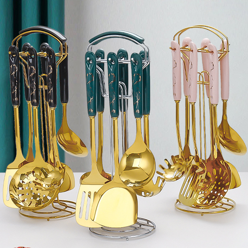 北歐輕奢不鏽鋼陶瓷手柄廚具套裝炒菜鍋鏟煎漏勺廚房用具七件套