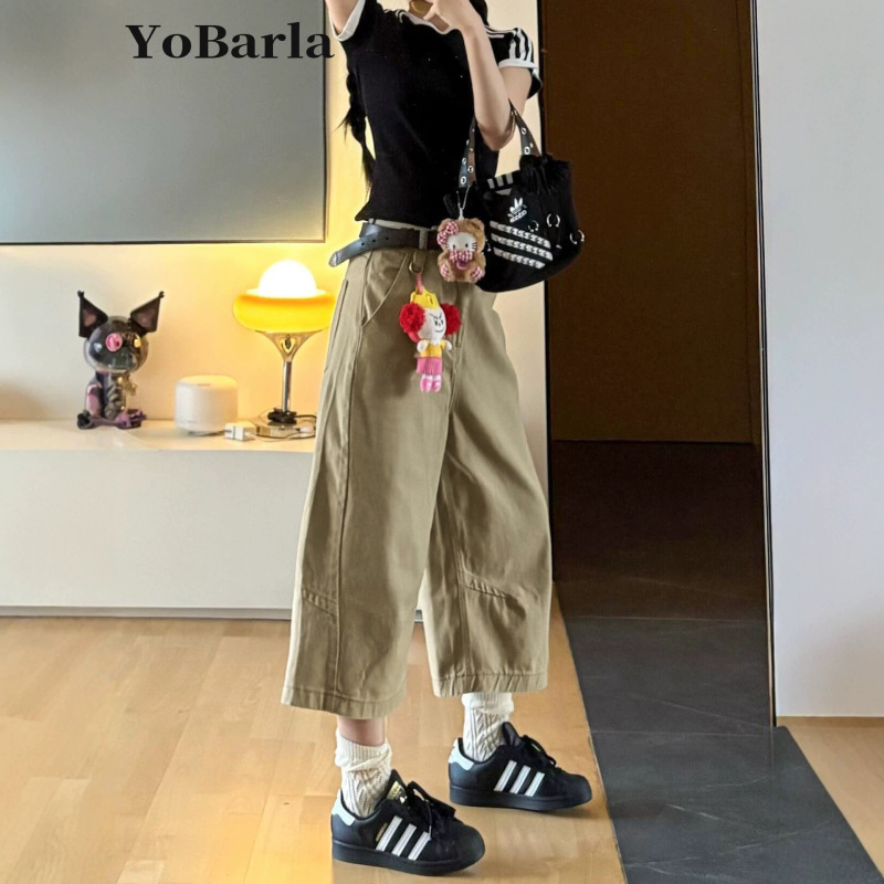 Khaki Straight-Leg Denim Cropped Pants for Women, New Summer Style, Plus Size, Loose Fit, Slimming, Pear-Shaped Body, Wide-Leg Pants Khaki Straight-Leg Denim Cropped Pants for Women, New Summer Style, Plus Size, Loose Fit, Slimming, Pear-Shaped Body, Wide-Leg Pants