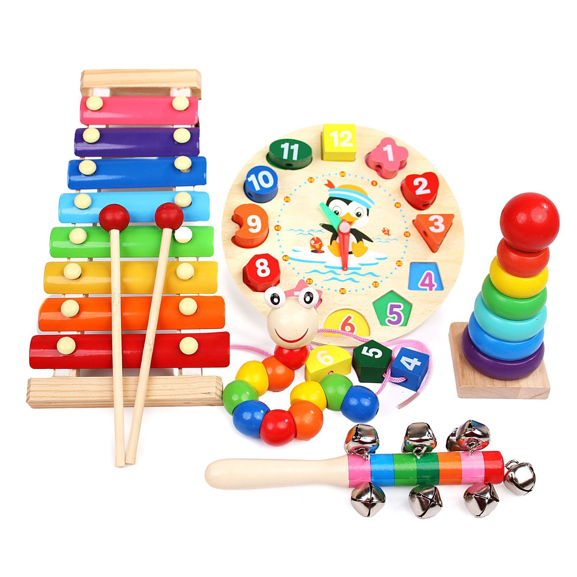 Reloj de roce de piano de ocho tonos para niños, torre de arco iris, cuatro juegos de placa en forma de columna, insectos retorcidos, juguetes educativos para bebés al por mayor
