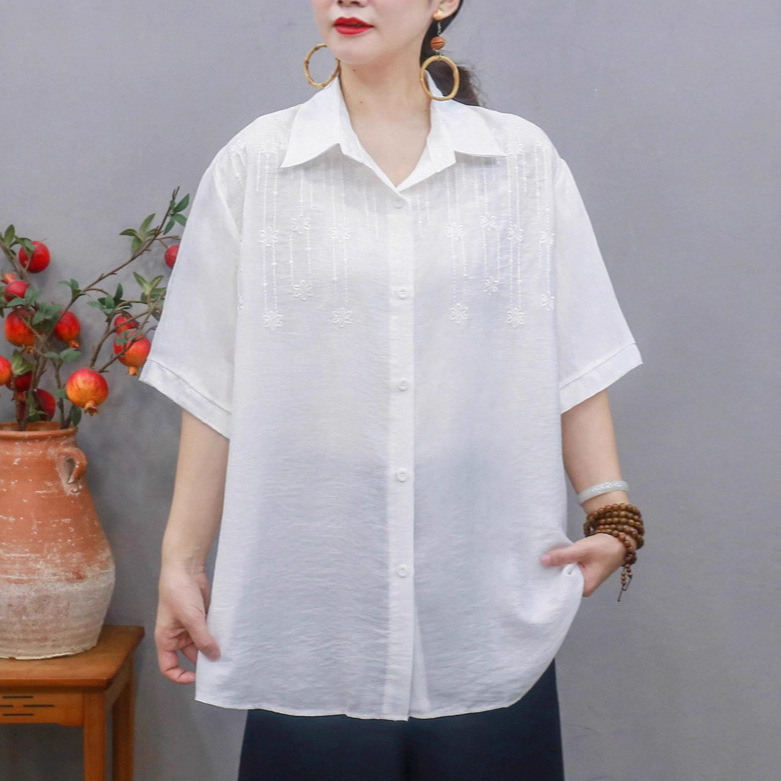 实拍韩版休闲宽松大码纯色棉麻衬衫女夏季棉麻上衣大码妈妈衬衣