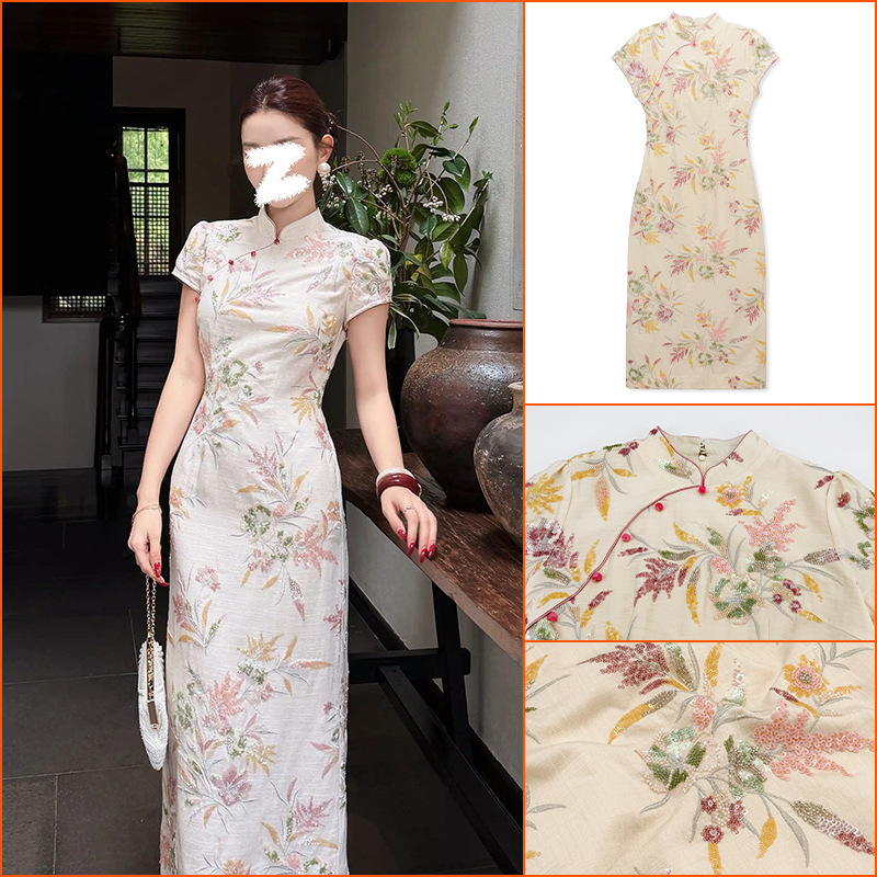 Summer New Style Improved Chinese-Style Elegant Embroidered Slim-Fit Long Dress for Women P0531
