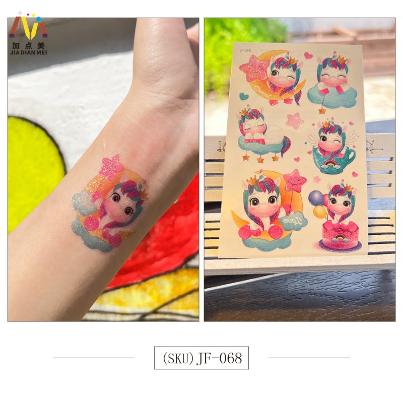 Amazon Venta caliente brillo lindo postre de Navidad unicornio niños tatuaje pegatinas impermeable tatuaje de larga duración
