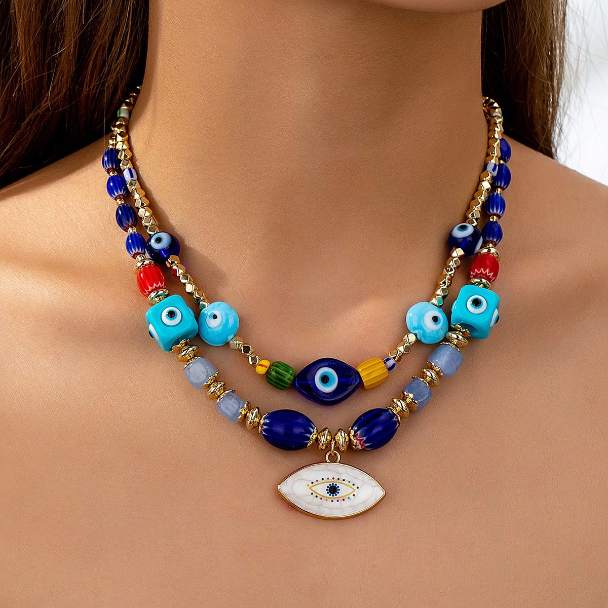 17g Weight Lobster Trigger Clasp Closure Clasp Closure Type Zinc Alloy Pendant Material Pendant Necklace Classification IG Style Retro Devil's Eye Glass Zinc Alloy Beaded Chain Lobster Trigger Clasp Closure Beaded Necklaces Wholesale
