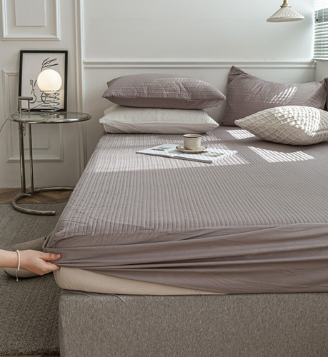 ins Foreign Trade 100% Cotton Straight Stripe Solid Color Quilted Bedding Set Three-Piece Set Cotton Filling Thickened Single Mattress Protector 