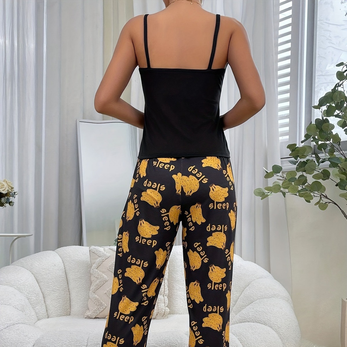 2024 nuevo estilo europeo y americano transfronterizo Amazon estilo caliente tirantes estampado pijamas sexy pantalones casuales traje de servicio a domicilio