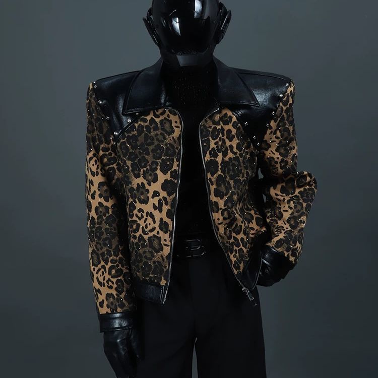 Trendy Leopard Print Street Style Jacket for Men, Autumn/Winter, Unique and Versatile, Loose Fit, Turn-Down Collar, Fashion Brand Men's Clothing