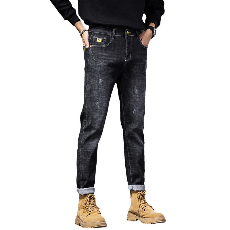 High ed jeas me's tredy brad 2024 Sprig ad Herfst ew Amerika zwart slim fit kleine voet casual log pats voor_voghion.com