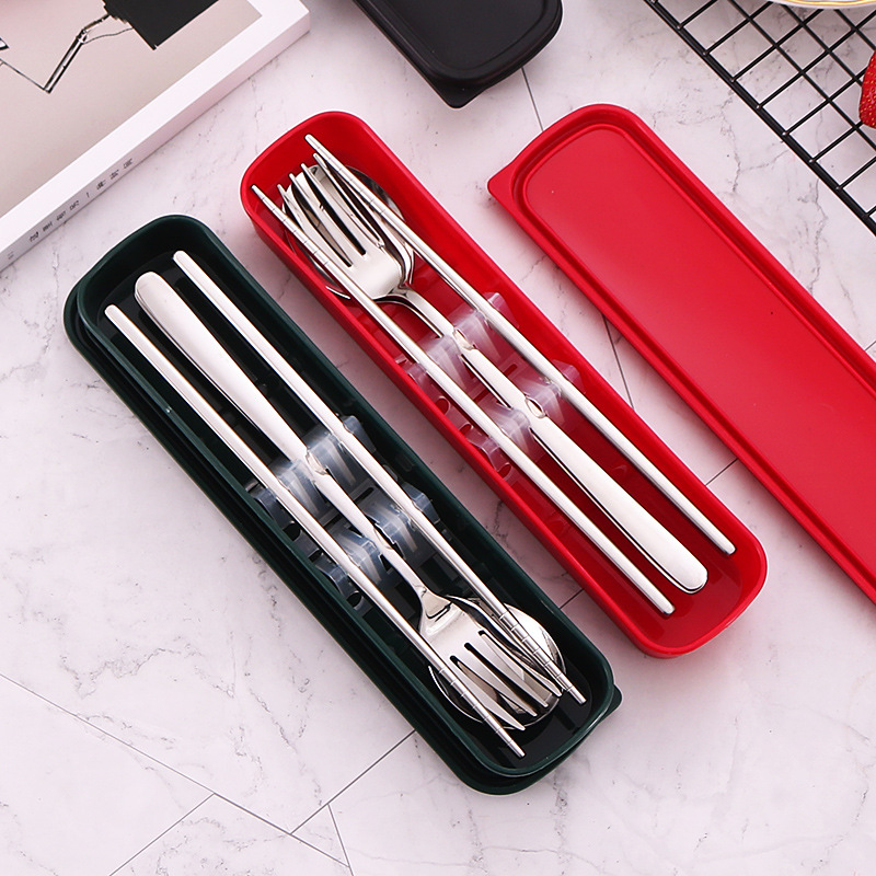 304 stainless steel portable tableware three-piece set chopsticks spoon fork set student tableware storage box gift