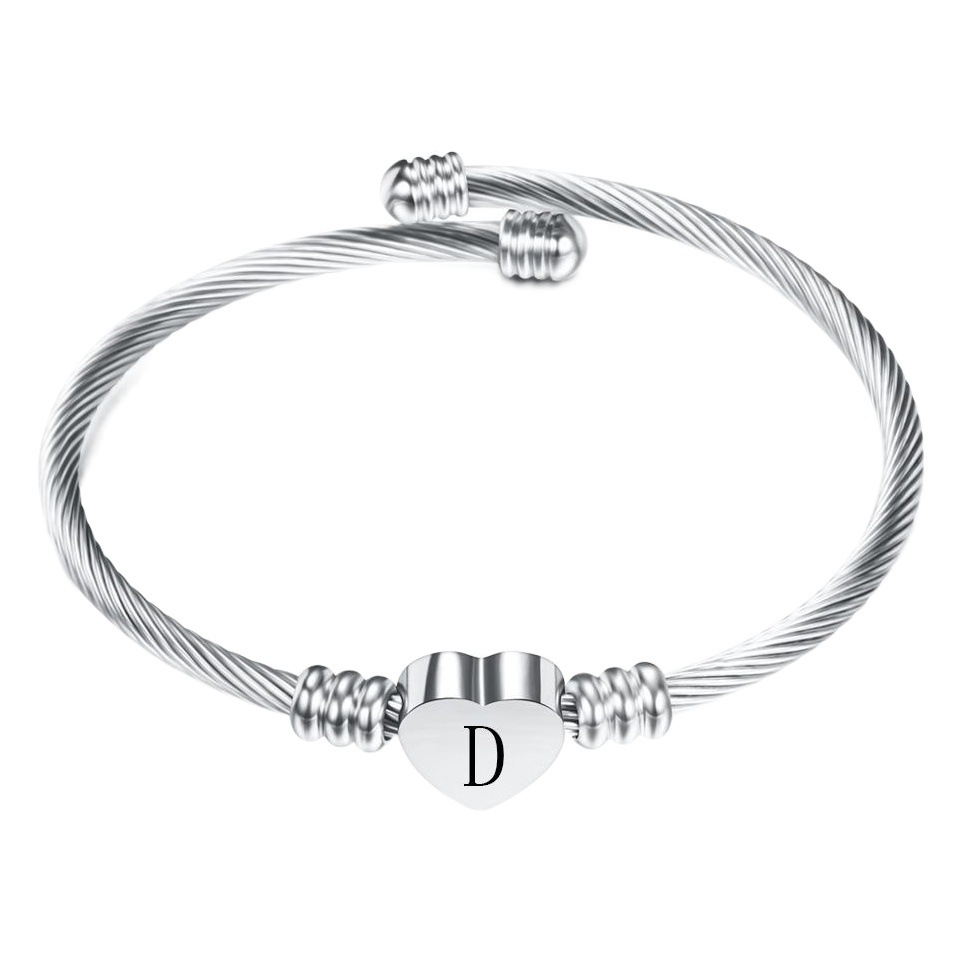Pulsera de acero inoxidable de 26 letras pulsera de letras de amor de acero de titanio de personalidad simple pulsera de todo fósforo de corazón de melocotón femenino abierto
