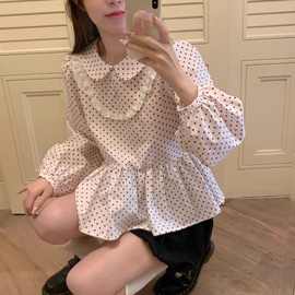 红色波点娃娃领新款双层花边日系可爱娃娃衫长袖衬衫上衣