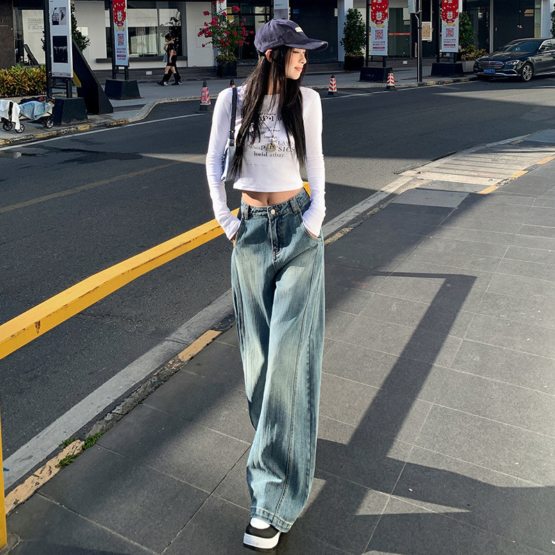 美式復古闊腿牛仔褲女2024秋冬新款高腰寬鬆顯瘦設計感直筒拖地褲