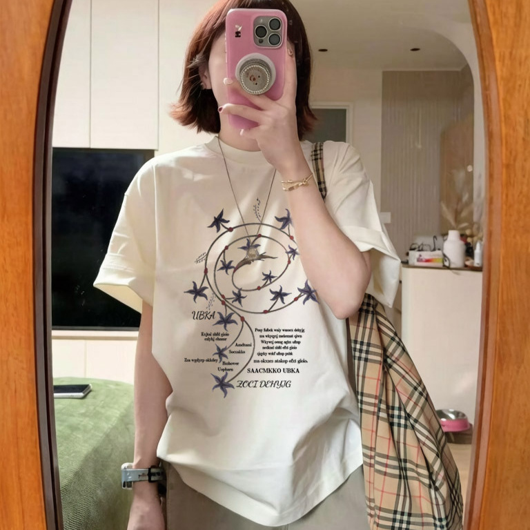 Summer Pure Cotton Short-Sleeved T-Shirt for Women 2026 New Style American Design Creative Printed Loose Half-Sleeved Top Summer Pure Cotton Short-Sleeved T-Shirt for Women 2026 New Style American Design Creative Printed Loose Half-Sleeved Top