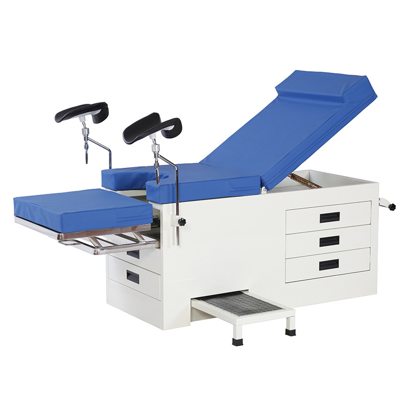 Mesa de examen ginecológico tipo gabinete manual del hospital tipo base de cinturón para levantar la espalda y elevar las piernas y ajustar la longitud de la función del taburete