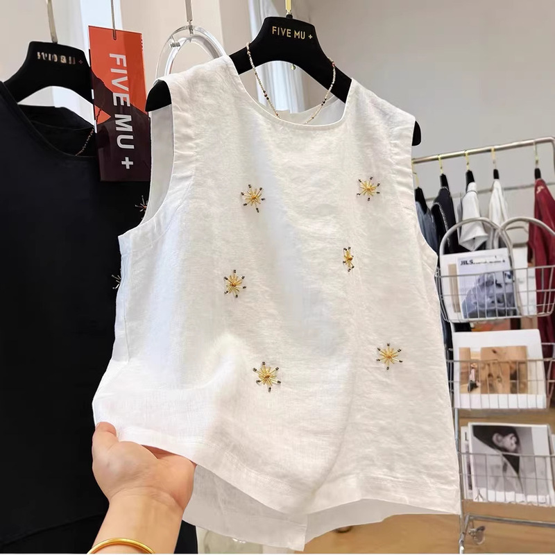 French-Style Heavy Beading Pure Cotton Vest for Women, Summer High-End Loose Round-Neck Pure Cotton Sleeveless Top