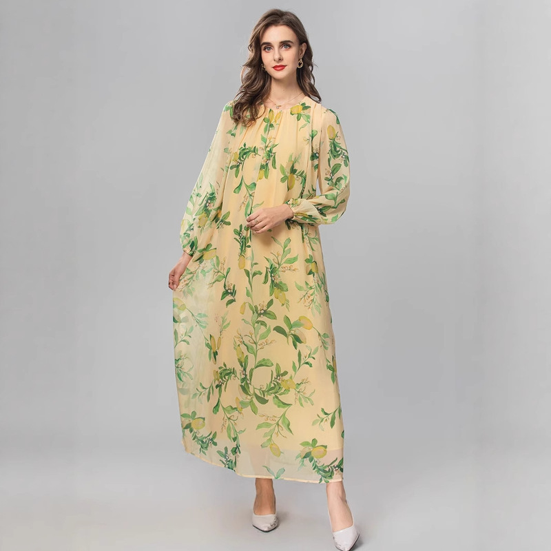 New French Retro Lemon Green Leaf Print Chiffon Dress Women's Waist Lantern Sleeve Long Skirt Elegant Work Clothing Wear New French Retro Lemon Green Leaf Print Chiffon Dress Women's Waist Lantern Sleeve Long Skirt Elegant Work Clothing Wear