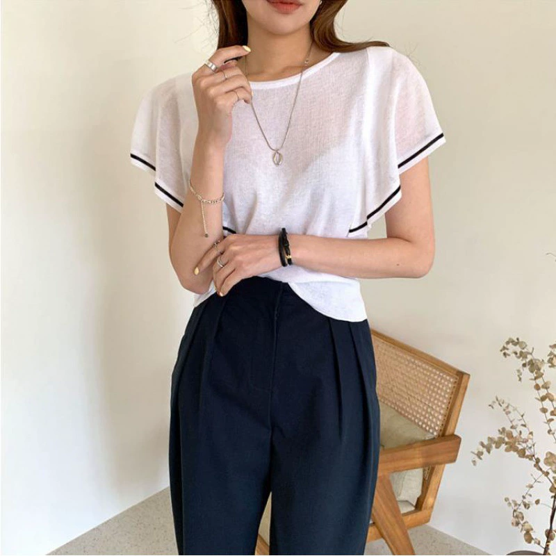 Южная Корея Dongdaemun 2023, Xia Xin ins, элегантная вязаная футболка из ледяного шелка с рюшами и рукавами, круглым вырезом