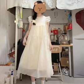 【全原版】夏季新款法式茶歇圆领小飞袖连衣裙女宽松显瘦背心裙