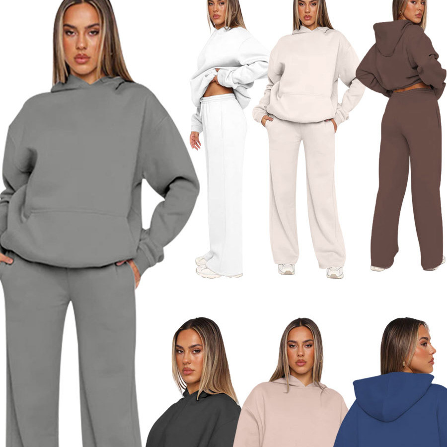 211467 autumn and winter new cross-border Europe and the United States solid color long sleeve hooded women's clothing fashion casual wide leg pants suit