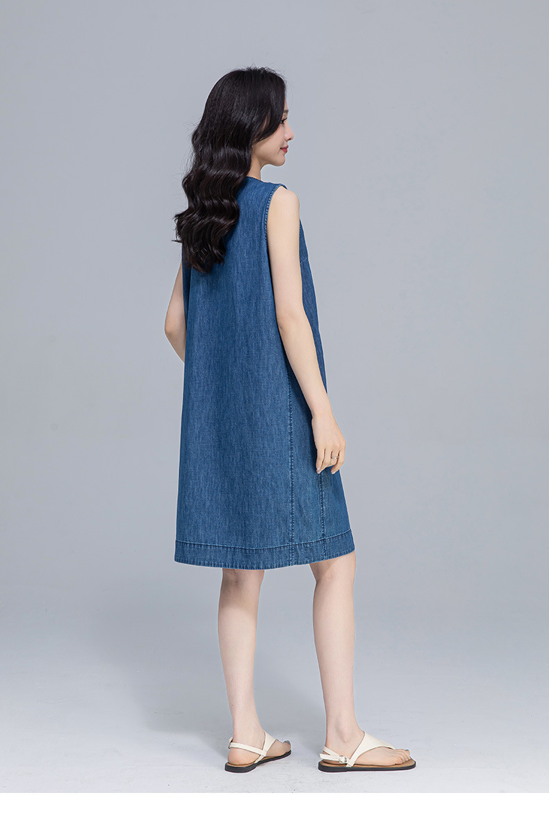Váy denim ống thẳng cổ tròn không tay dáng rộng — Màu xanh lam chi tiết 22