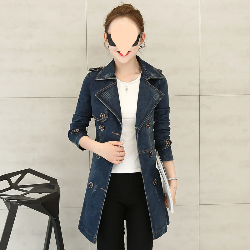 New Korean denim jacket for women's fat loose mid-length double-breasted waist-hugging lace-up denim jacket