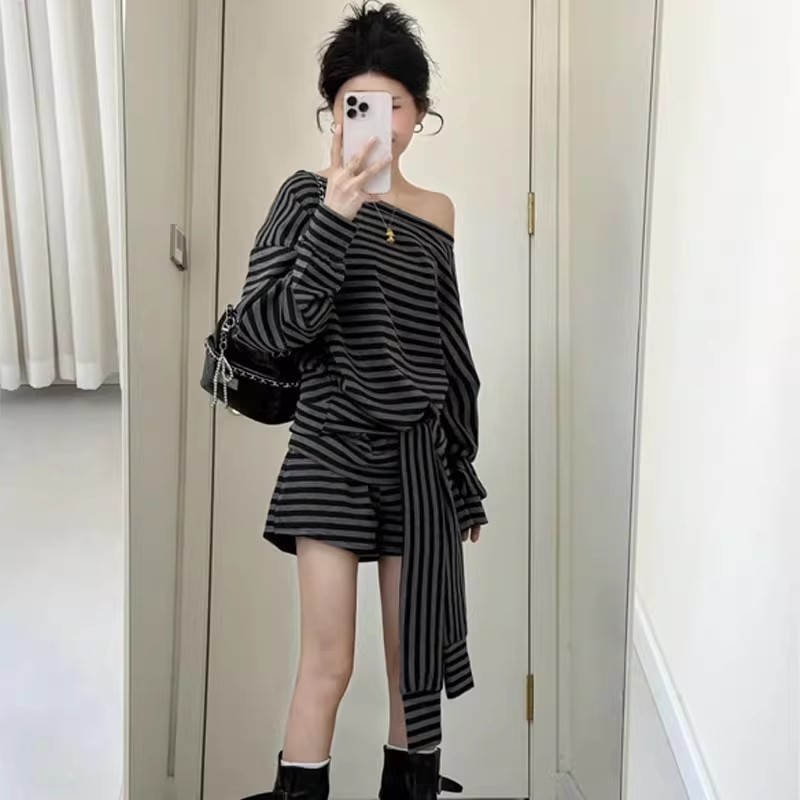 单件/2025年设计感别致露肩显瘦条纹上衣高腰阔腿短裤辣妹显气质|undefined
