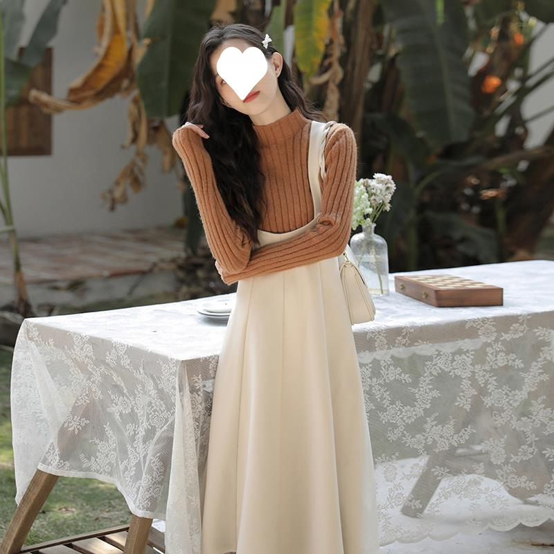 가을 | 겨울 2021 새로운 프랑스 스타일 우아한 레트로 모직 슬링 원피스 미디 원피스 서스펜더 스커트 세트