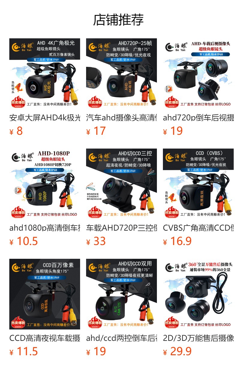 Cross-Border Ahd 170-Degree Low-Light Night Vision Fisheye Wide-Angle High-Definition Night Vision Reversing Camera for Android Large Screens