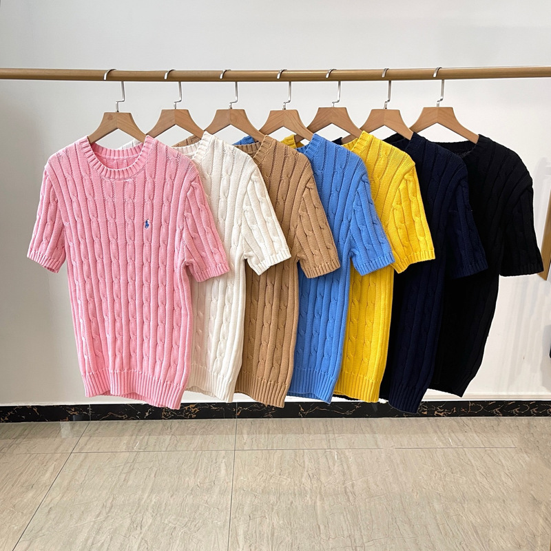 R Classic ~ Pony Embroidered Crewneck Twisted Cotton All-match Commuter Sweater Short-sleeved Fashion All-match