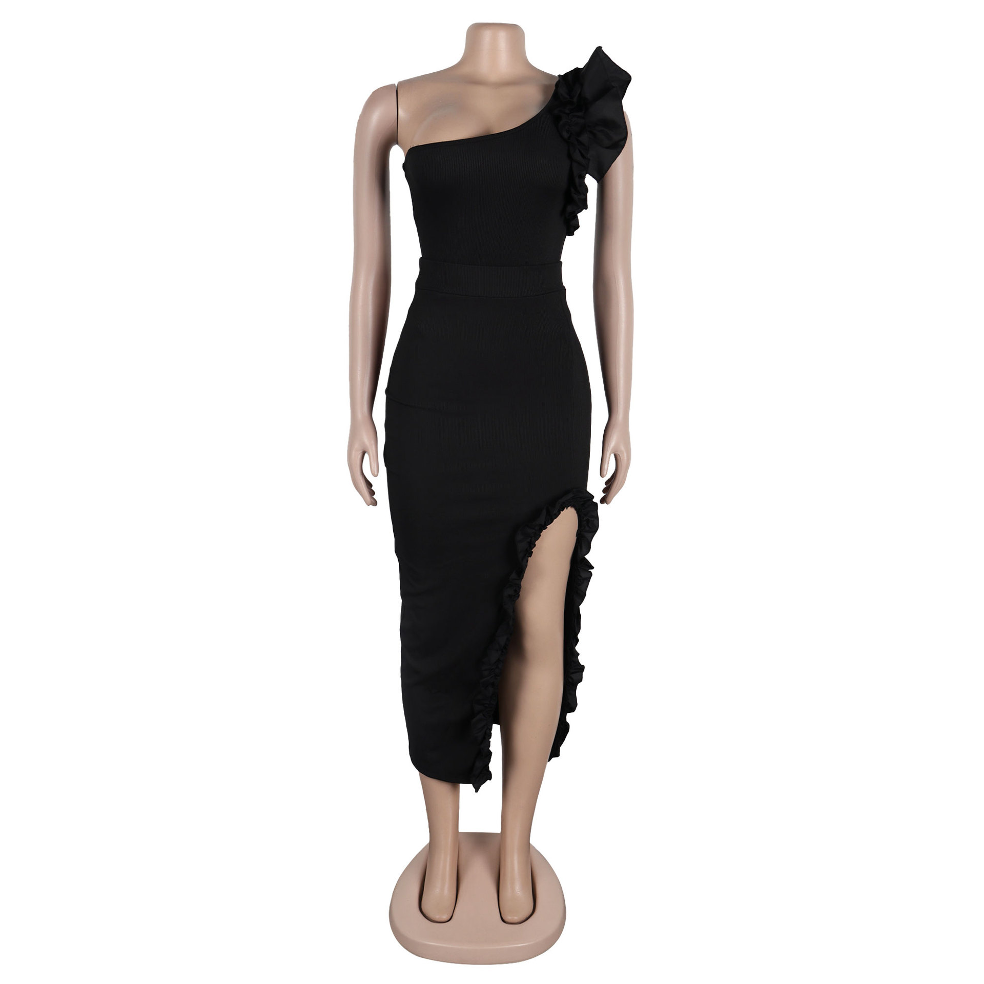 362g Weight Sleeveless Sleeve Length Polyester Fabric Type Skirt Co-ord Set Sets Type 2 Pieces Set Quantity Holiday Occasion One Shoulder Neckline Slim Fit Type Solid Color Pattern Summer Season Women's Gender Frill Design Elegant Style Holiday Women's Elegant Solid Color Polyester Frill Skirt Co-ord Set Skirt Sets 40